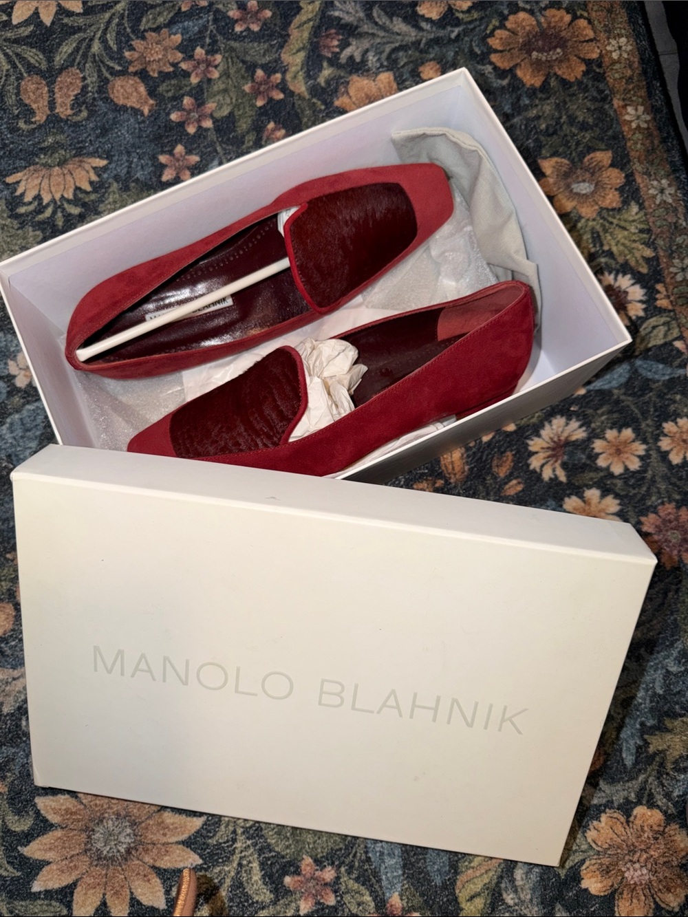 Manolo Blahnik Red Artura Suede Calf Hair Loafers NWB